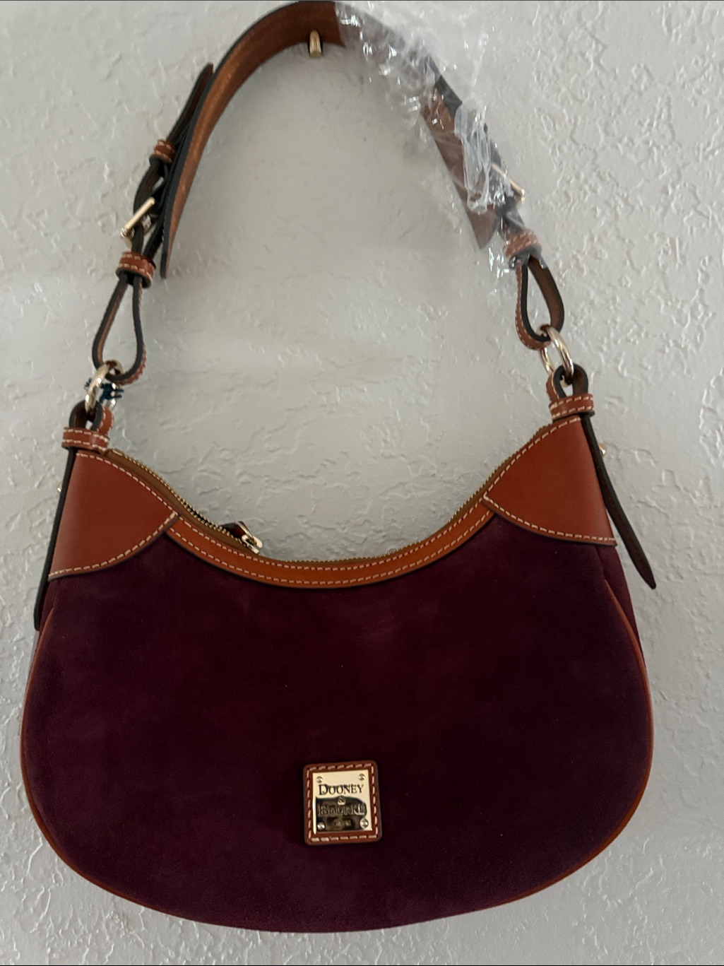 Dooney & Bourke Wine Suede Small Hobo Shoulder Bag With Tan Leather Trim Nwt